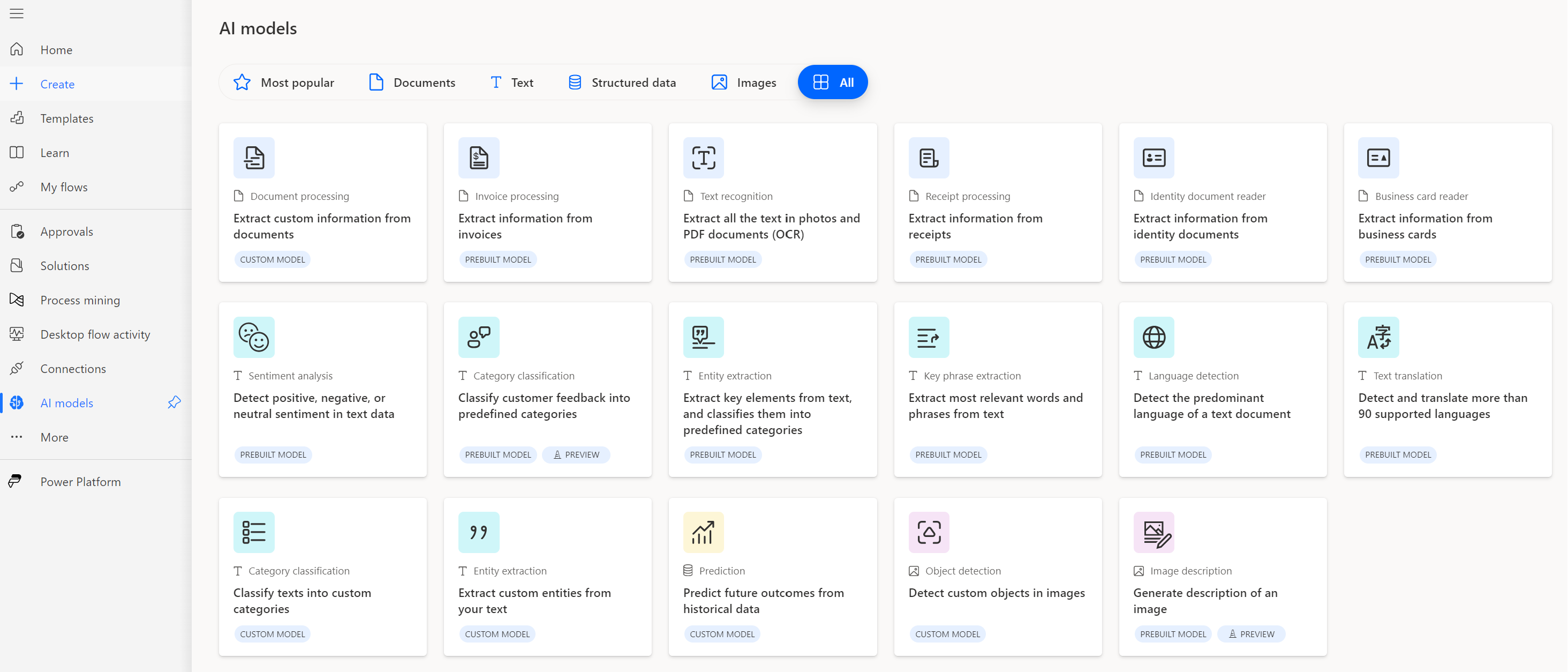 Power Automate AI models