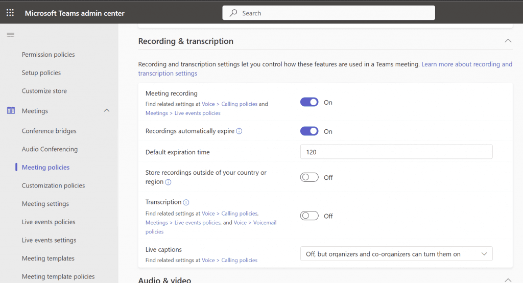 Teams-settings for recordings