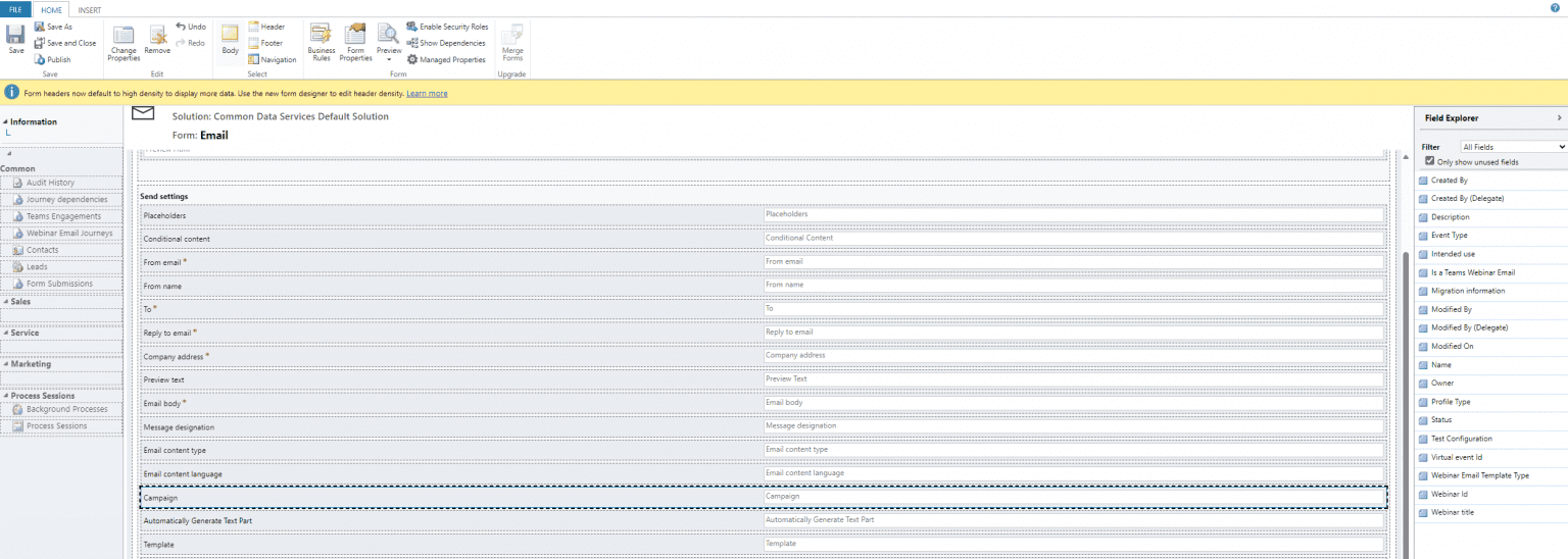 Customize email header form in the classic designer in Customer Insights