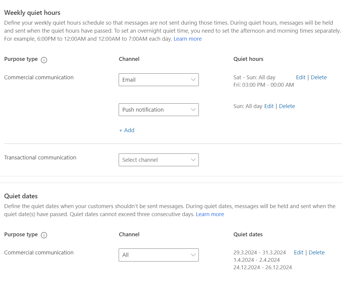 Add quiet times per channel and purpose