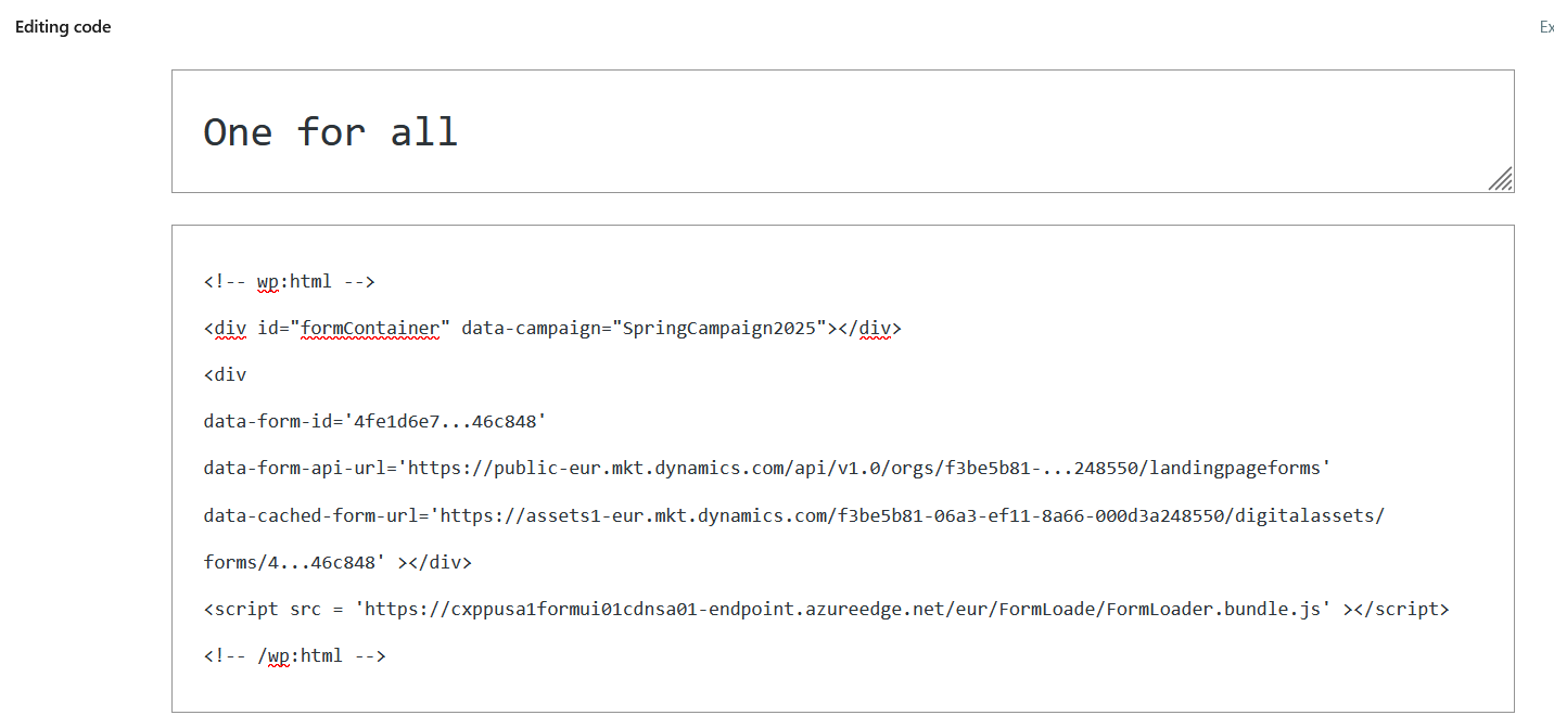 Wordpress embed javascript of marketing form