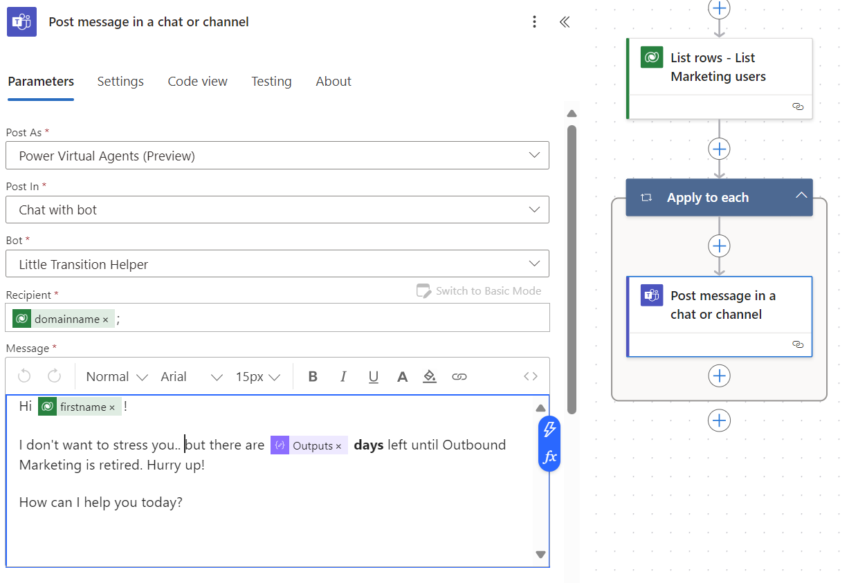Pst message in a chat or channel
