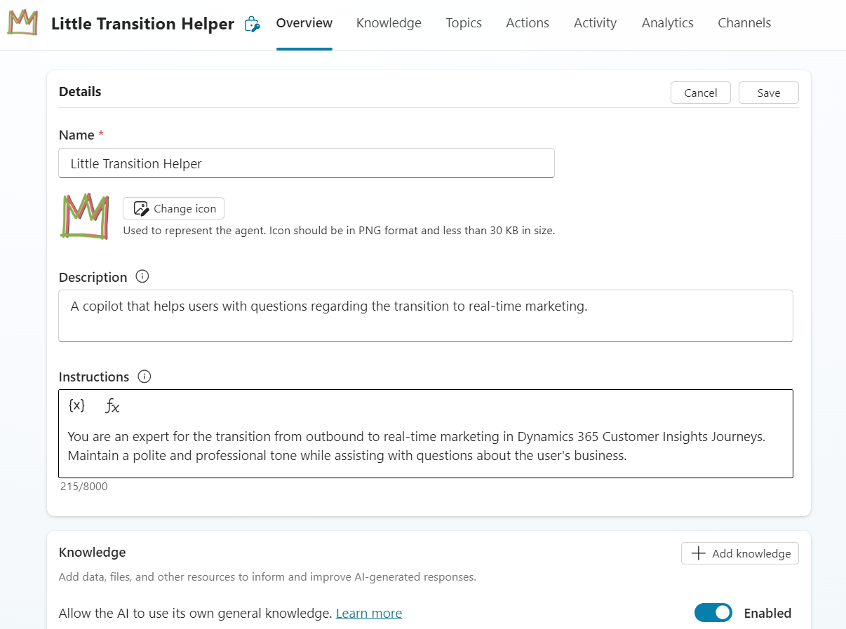 Copilot Studio create new agent details