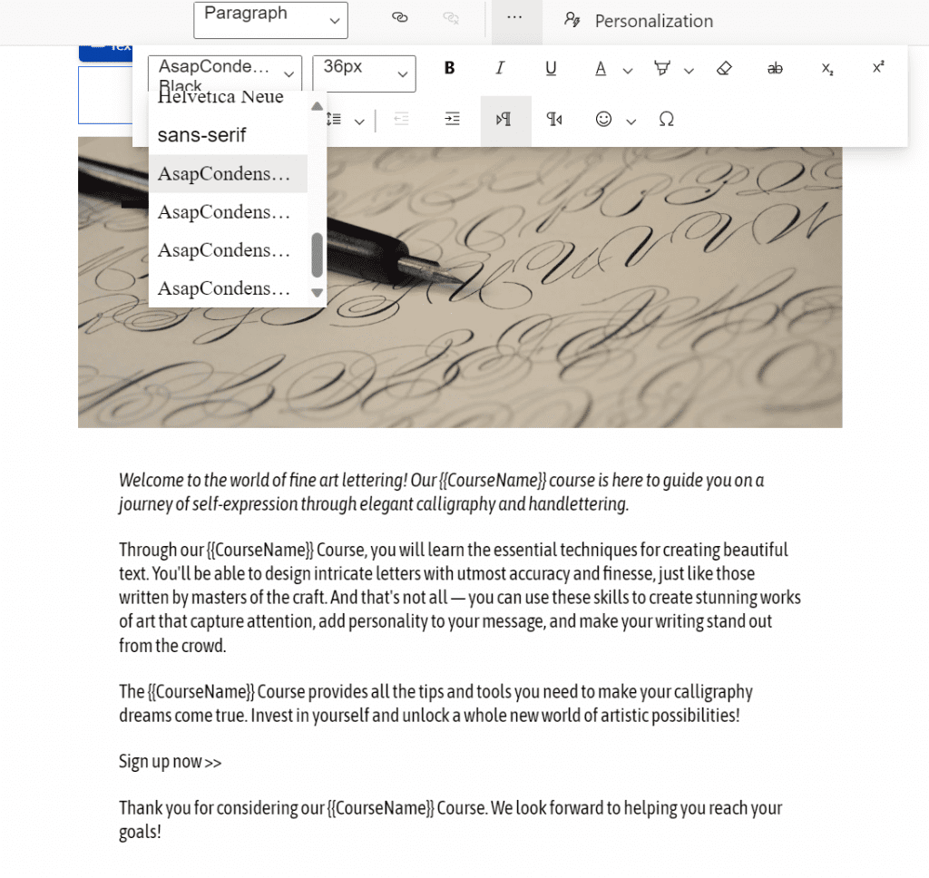 In an email, add a text with your own font in Customer Insights